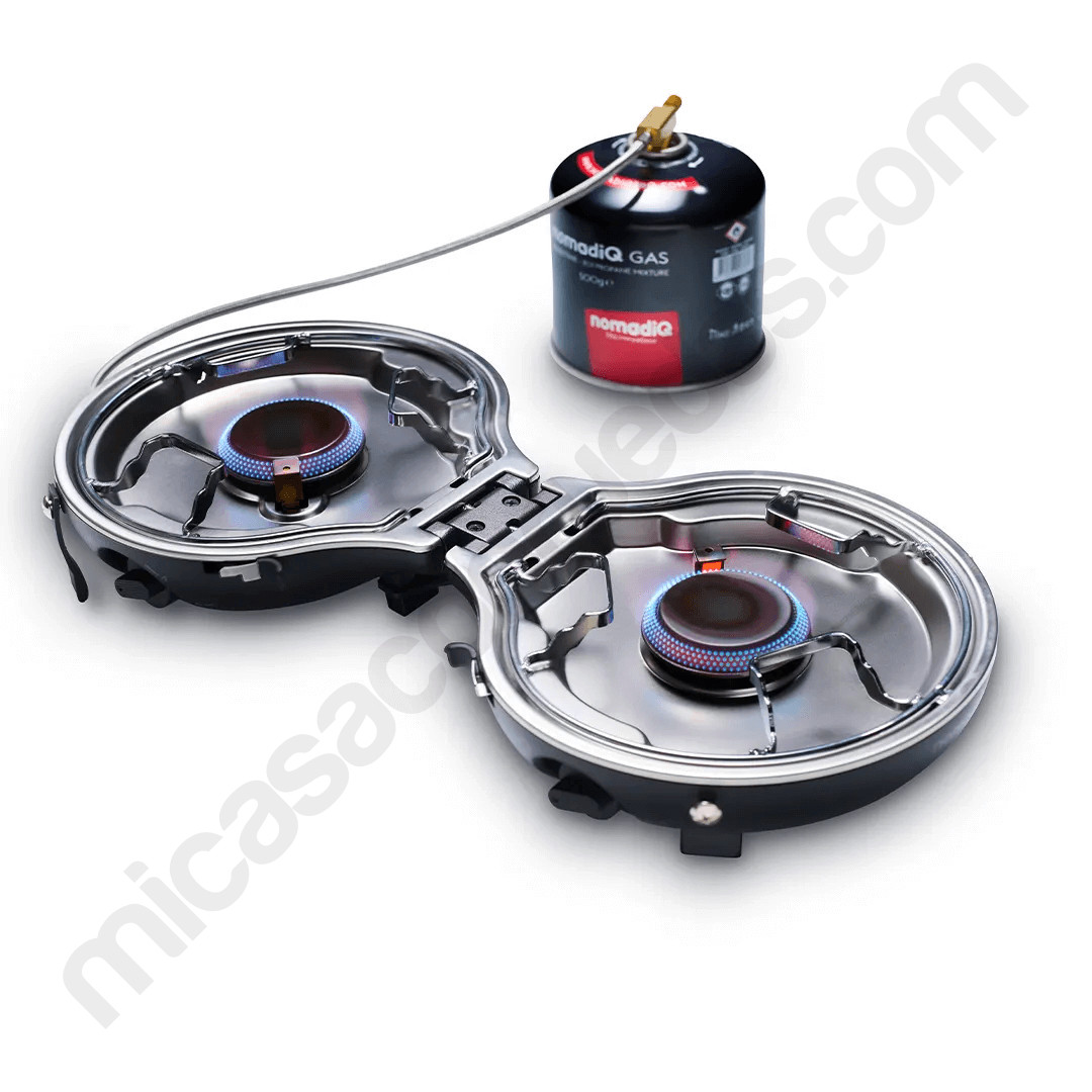 Detalle de los dos quemadores de acero inoxidable de la nomadiQ Outdoor Cooking Stove 2